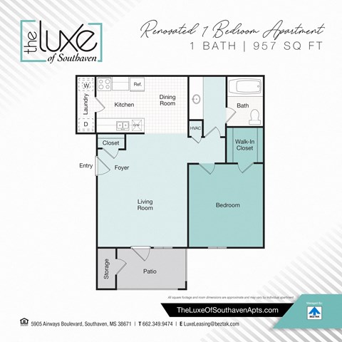 Floor plan for 1 bed, 1 bath, 958 sqft